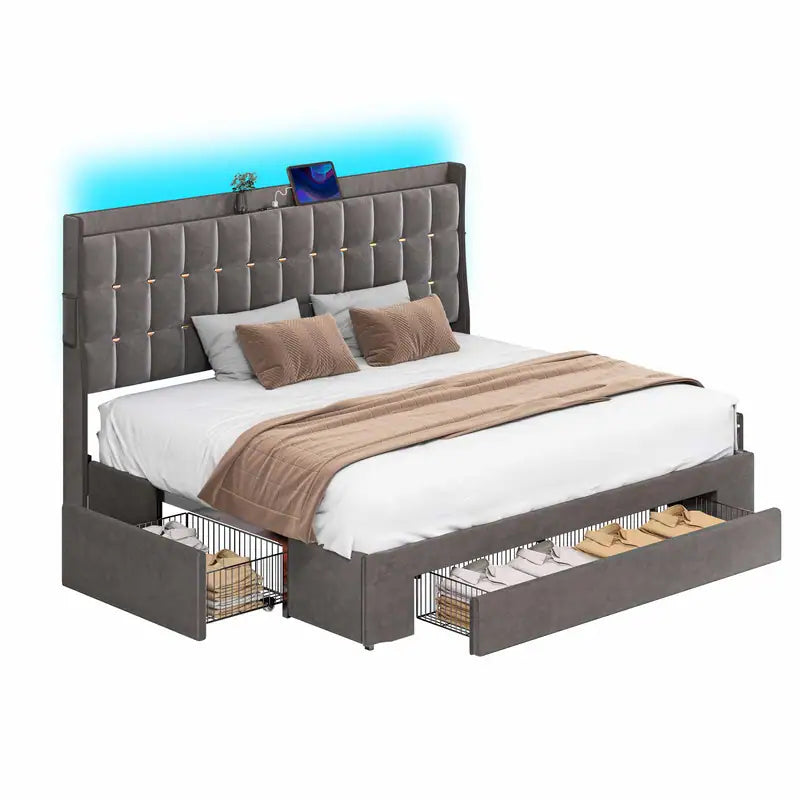 Queen/King Size Velvet Upholstered Bed with Charging Station and Storage Drawers