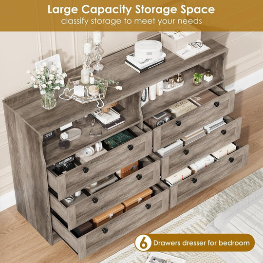 Modern 6 Drawer Dresser for Bedroom with Power Outlet and LED Light