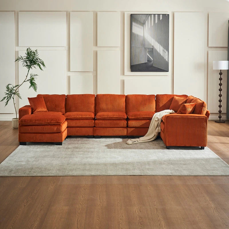 Modern U-Shaped 6-Seater Sectional Sofa with One Footstool