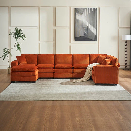 Modern U-Shaped 6-Seater Sectional Sofa with One Footstool