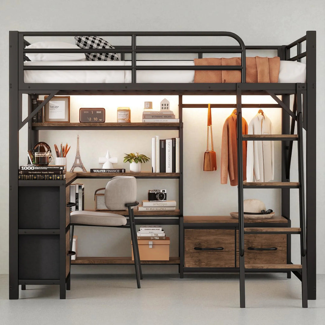 Full/Queen Size Metal Loft Bed with Desk, LED Lights, USB Ports, Shelves, Drawers, and Wardrobe, Black