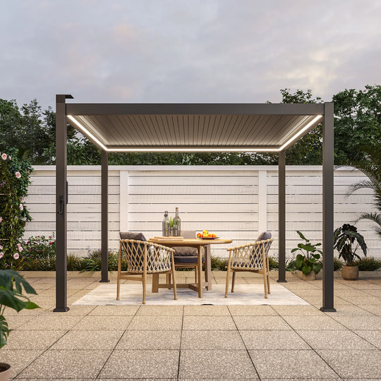 Outdoor Metal Solar LED Louvered Pergola with Adjustable Roof
