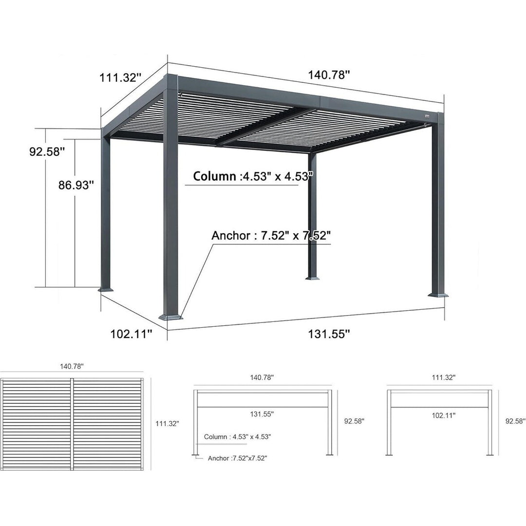 Solar Louvered Pergola with LED String Lights Aluminum Outdoor Pergola with Adjustable Roof for Patio Garden