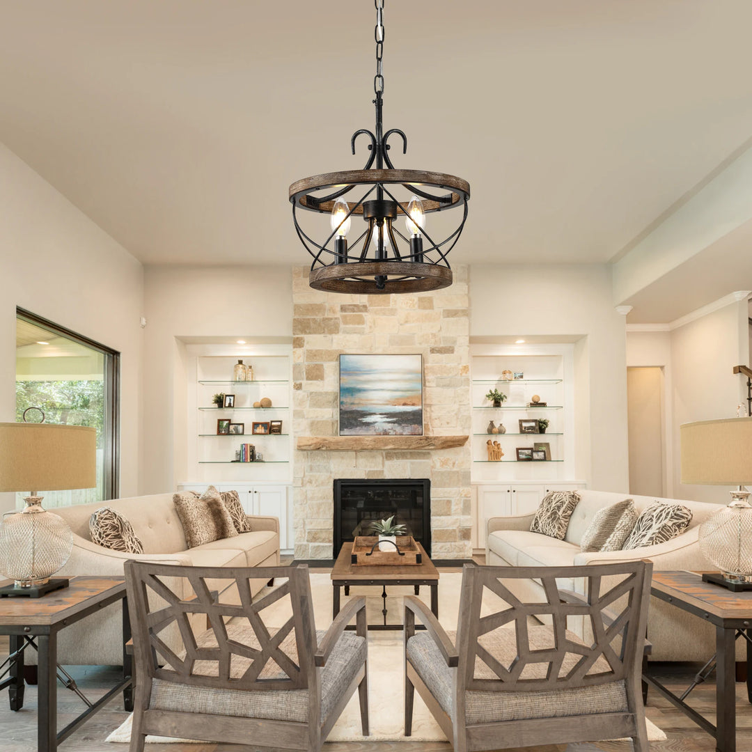 13"/15.7"/19.7" Rustic Cage Wood Chandelier Dimmable Lighting Farmhouse Adjustable Pendant Light for Kitchen Island