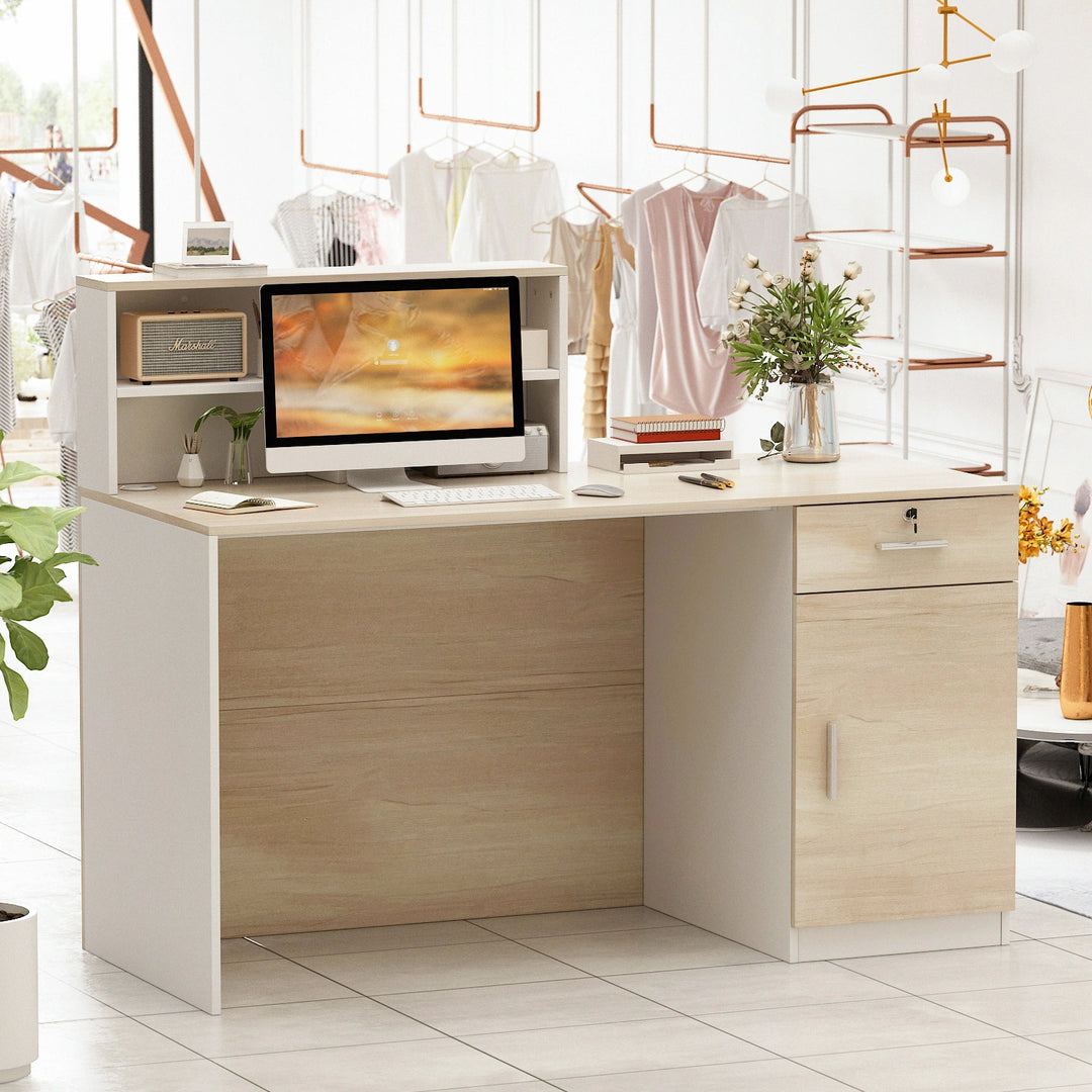 Reception Desk Wood Front Counter Table W/ Lockable Storage by