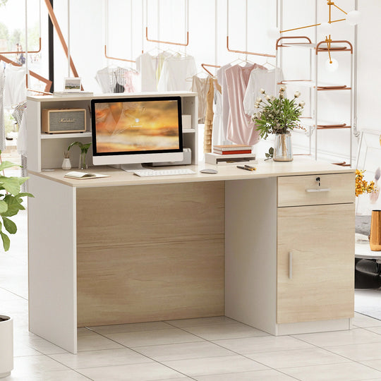 Reception Desk Wood Front Counter Table W/ Lockable Storage by
