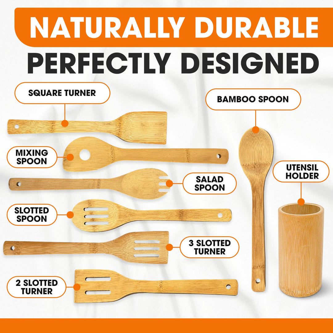 8-Piece Bamboo Wooden Cooking Utensils Set with Holder