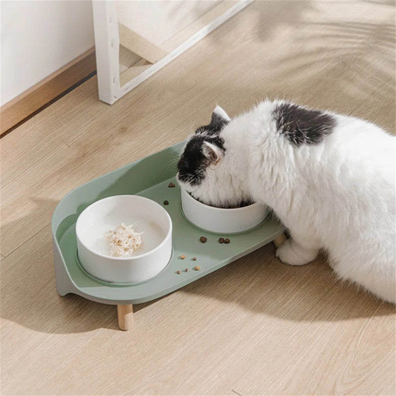 Bone China Double Pet Feeder, Elevated Cat Dog Food Double Bowls, Ceramic Pet Feeding Bowl for Food and Water