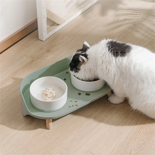 Bone China Double Pet Feeder, Elevated Cat Dog Food Double Bowls, Ceramic Pet Feeding Bowl for Food and Water
