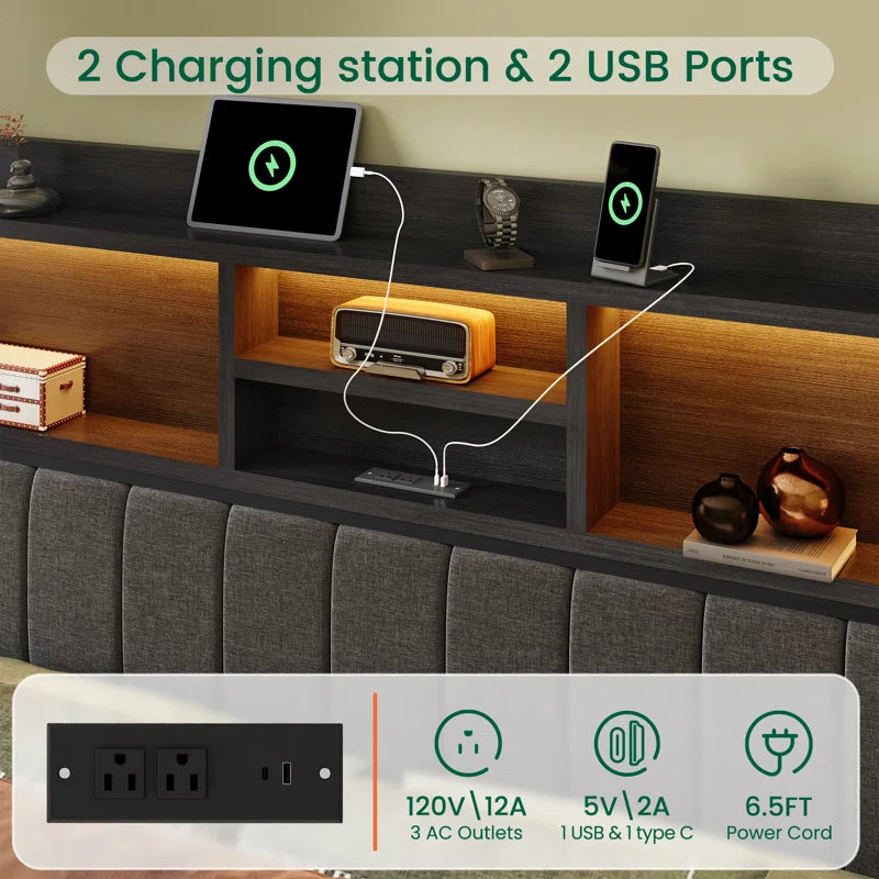 Bed Frame with 6 Storage Drawers, Linen Upholstered Headboard, Built in Charging Station and Led