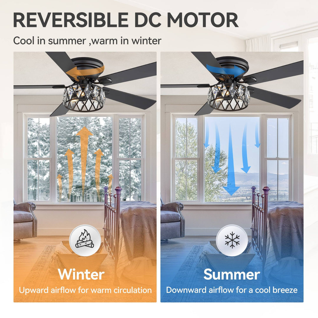 52" Flush Mount 5-Blade Modern Crystal Indoor Ceiling Fan with Light Kit and Remote