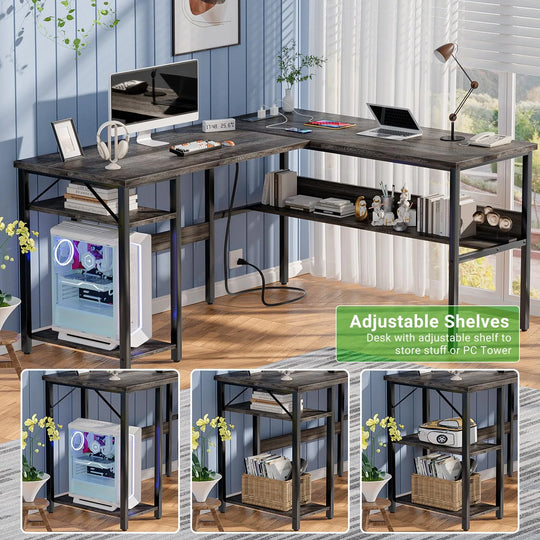 Reversible L Shaped Desk with Storage Shelves, Home Office Corner Desk with Charge Station