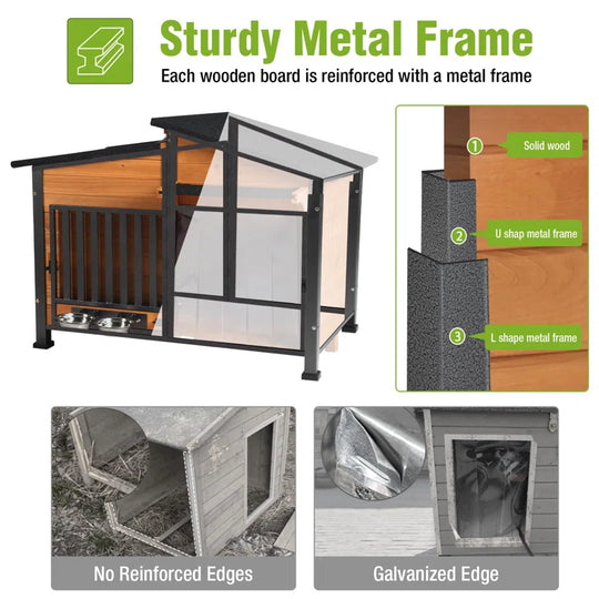 Dog House Outdoor Dog Kennel with Chew-Proof Metal Frame, Rotating Food Bowl, Pvc Door Curtain, Weatherproof for Small Medium Dogs, 39.7" L X 25.5" W X 32.2" H