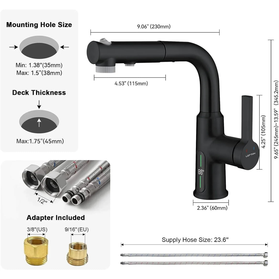 Single Hole Liftable Bathroom Faucet with Temperature Display in Fahrenheit, 3 Water Modes, BF2501