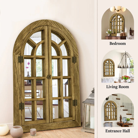 Vintage Wood Windowpane Arched Wall Mirror