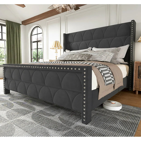 Hansabenne Solid Wood Bed Frame Queen and King Platform Bed Frame with Headboard White and Gray