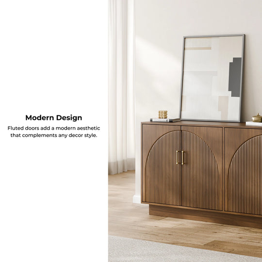 Mid-Century Fluted TV Stand with Storage Fits Tvs up to 75", Entryway Console, Sideboard - 15.7"D X 65"W X 31.5"H