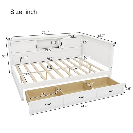 L-Shaped Corner Bed Frame with Drawer, Bookcase, LED Downlight and USB Port