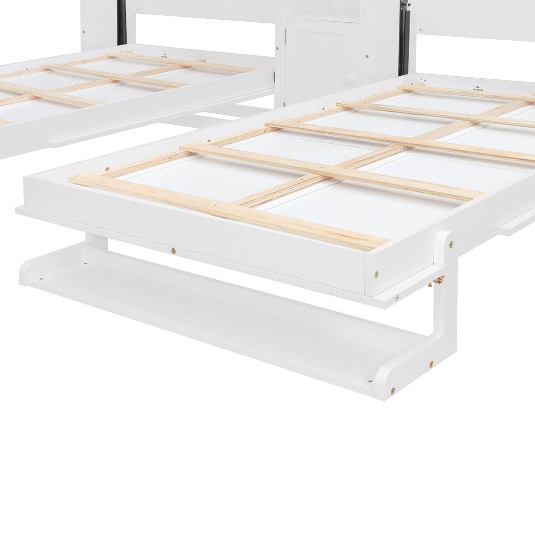 Dual Twin Size Wall Murphy Beds with Cabinets and Shelves, Space-Saving Design
