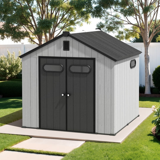 8X8/8X10/8X12 FT All-Weather Outdoor Resin Lockable Storage Shed with Windows Floor for Patio Furniture and Tools