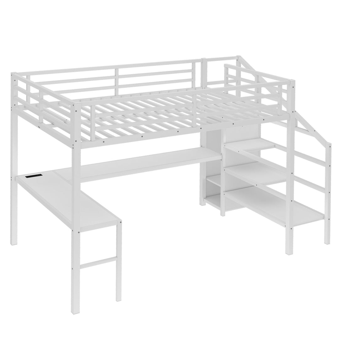 Queen Size Esports Gaming & Work Loft Bed with L-Shaped Desk, USB, LED, Wardrobe and Adjustable Shelf, Versatile Metal Bed Frame