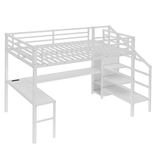 Queen Size Esports Gaming & Work Loft Bed with L-Shaped Desk, USB, LED, Wardrobe and Adjustable Shelf, Versatile Metal Bed Frame