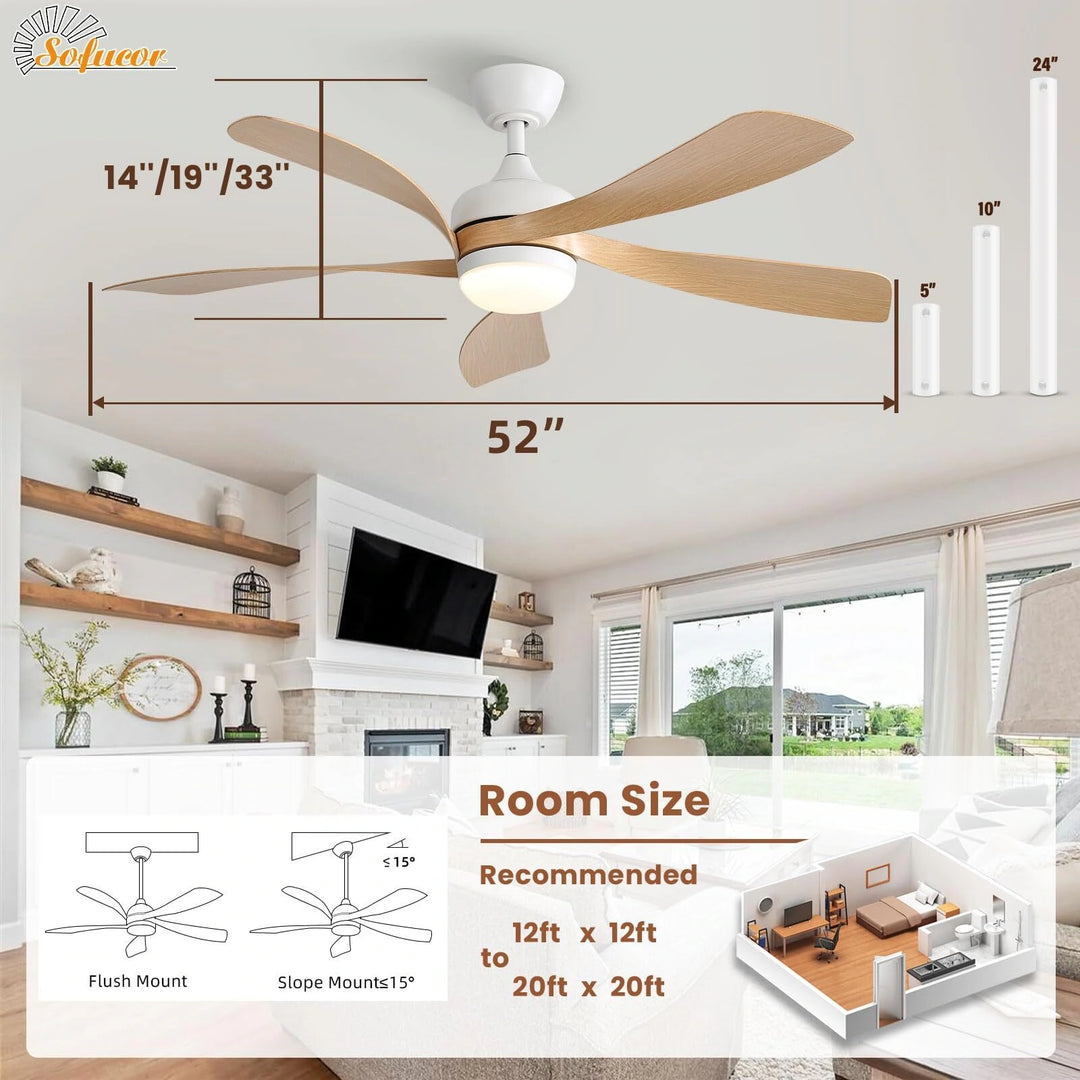 Sofucor 45/52 Inch Ceiling Fan with Remote & Lights Quiet DC Motor 5 Blade High CFM Modern Fan