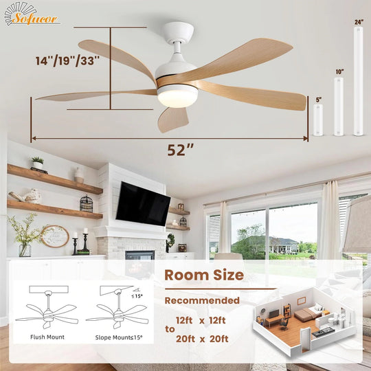 Sofucor 45/52 Inch Ceiling Fan with Remote & Lights Quiet DC Motor 5 Blade High CFM Modern Fan