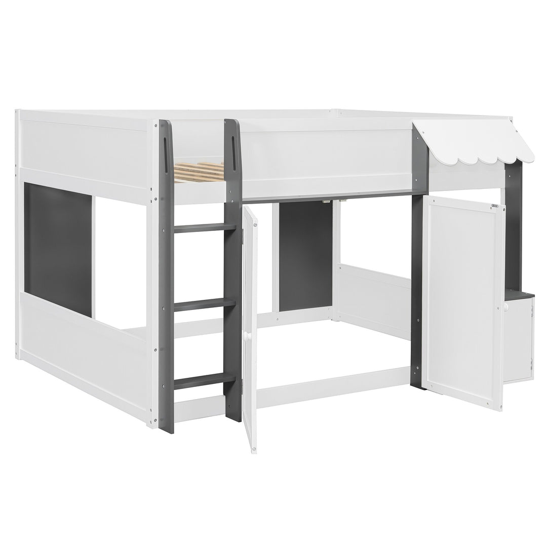 Full Loft House Bed with Playhouse Storage Modern Wood Cabin Bed for Kids