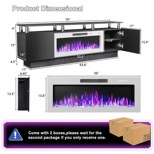 70" Modern Electric Fireplace TV Stand, with Electronic Flame and LED Lights, High Gloss Finish Entertainment Center
