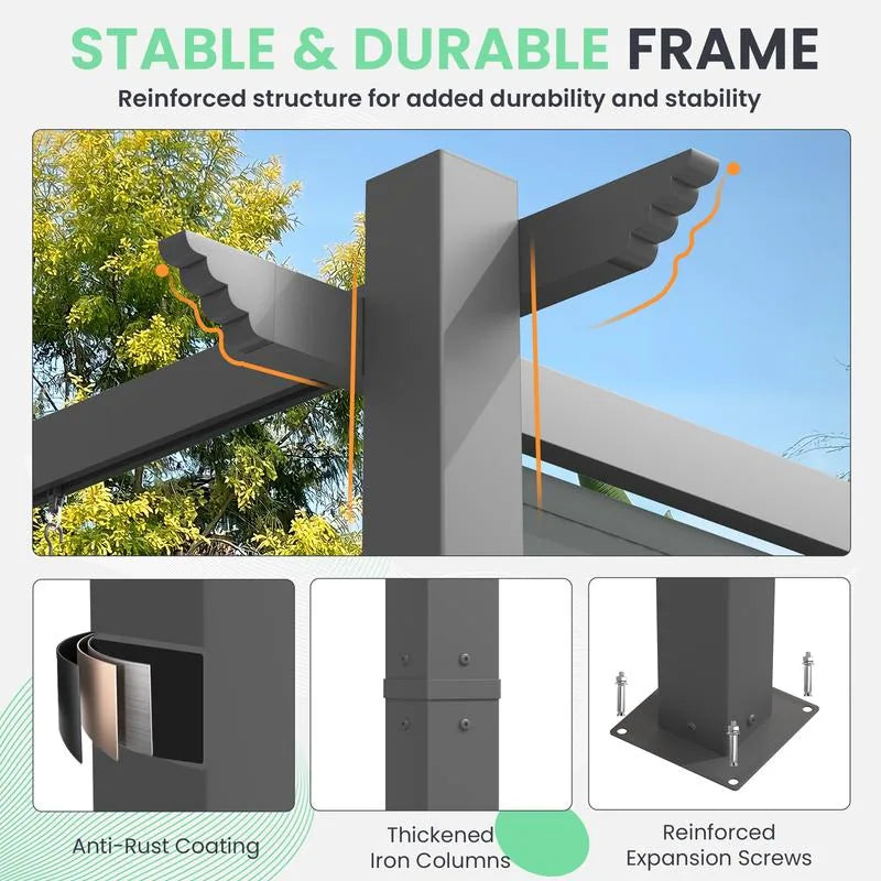 10' X 13' Outdoor Pergola with Retractable Canopy, Heavy-Duty Metal Frame and Adjustable Patio Shade Roof