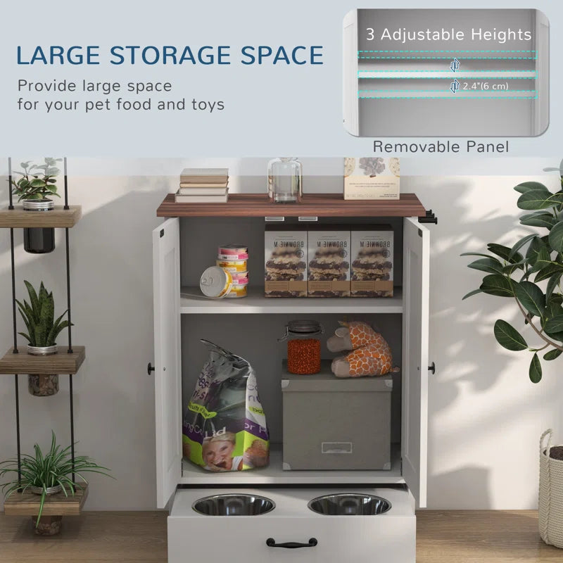 Dog Feeding Station, Dog Food Storage Cabinet with Hidden Dog Bowls, Adjustable Panel, Hooks for Medium Sized Dogs
