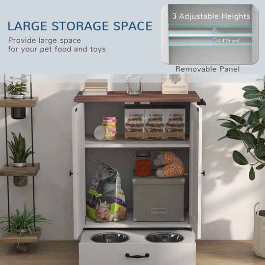 Dog Feeding Station, Dog Food Storage Cabinet with Hidden Dog Bowls, Adjustable Panel, Hooks for Medium Sized Dogs