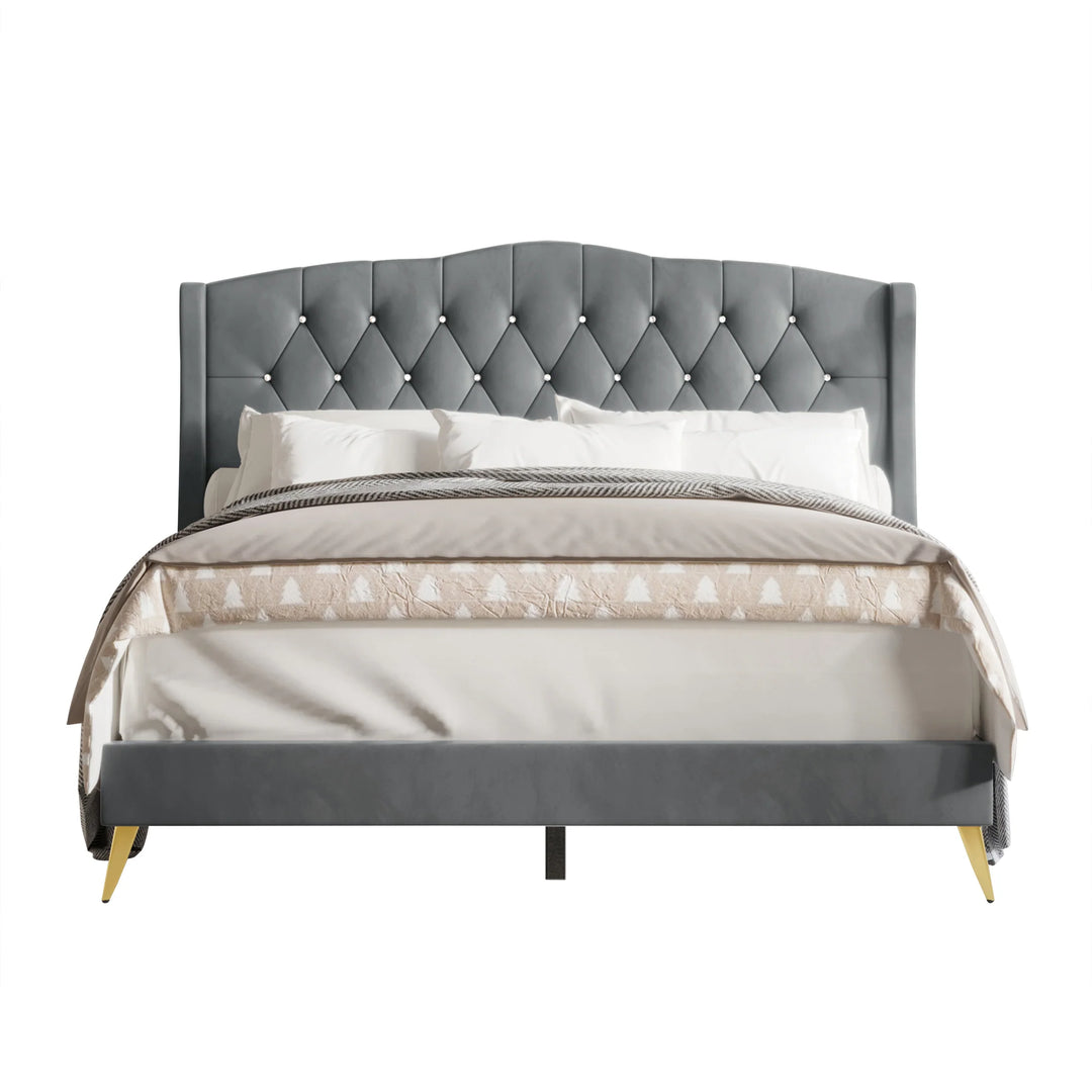 Velvet Diamond Button Tufted Upholstered Platform Bed