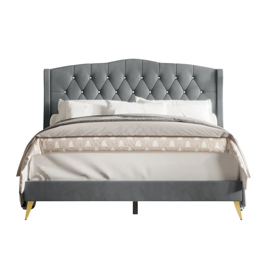 Velvet Diamond Button Tufted Upholstered Platform Bed