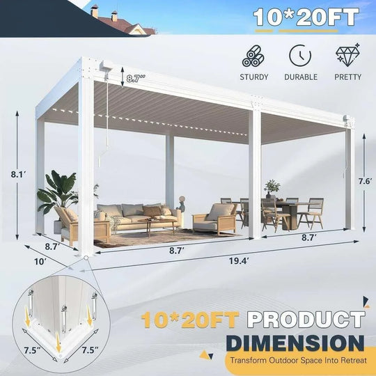 Outdoor Louvered Pergola Gazebo with Adjustable Aluminum Rainproof Roof and Pull-Down Screen