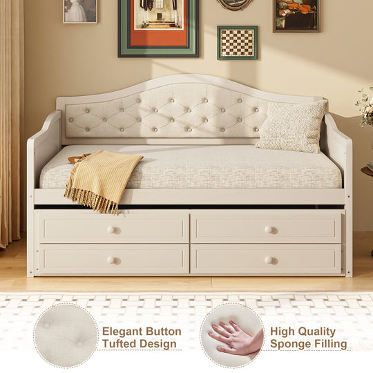 Twin Daybed with Trundle, Twin Size Daybed with 2 Storage Drawers, Wooden Sofa Bed with Upholstered Button Tufted Backrest