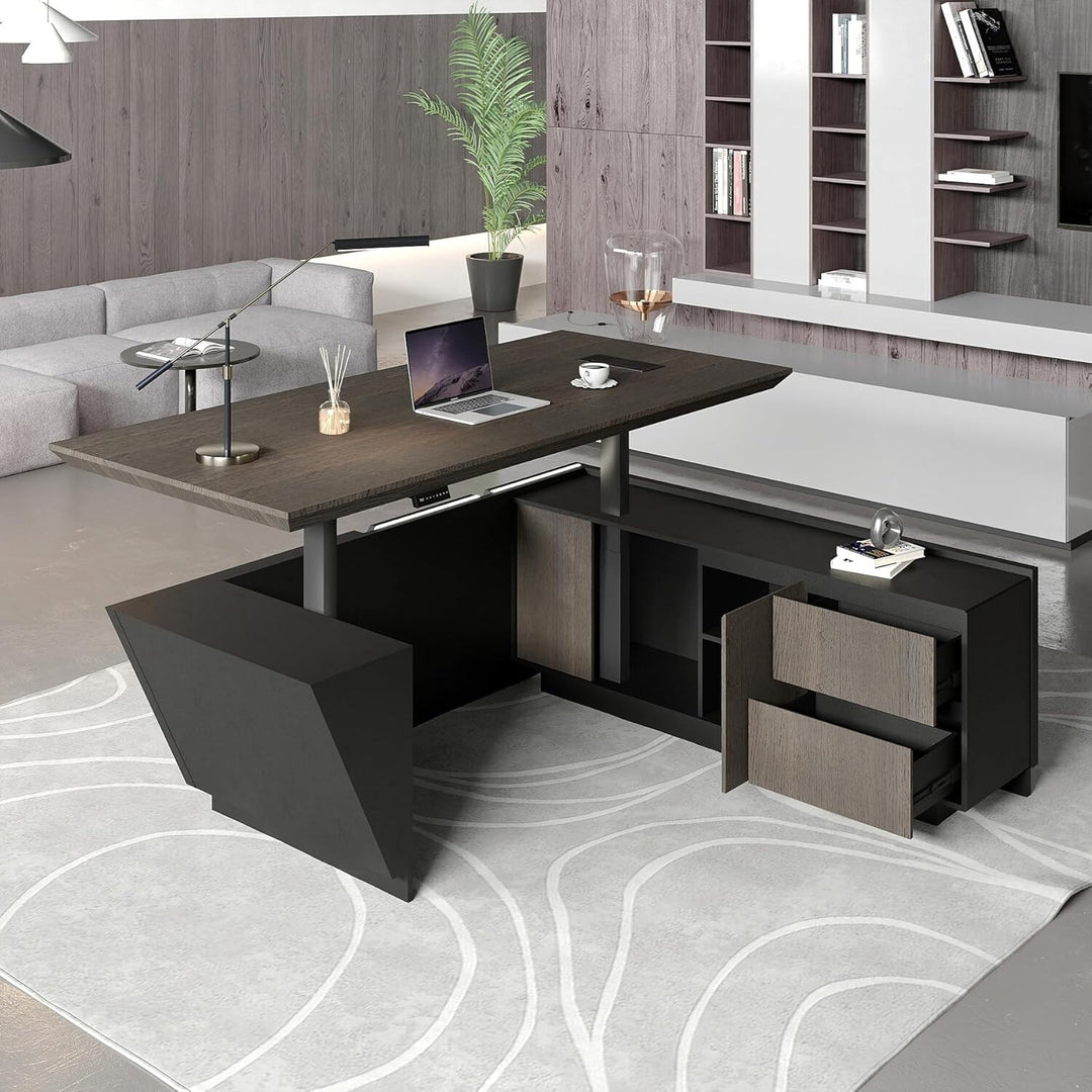 WESOME Adjustable Height L Shaped Executive Desk with Outlet Cabinets Cable Management
