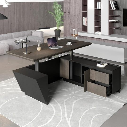 WESOME Adjustable Height L Shaped Executive Desk with Outlet Cabinets Cable Management