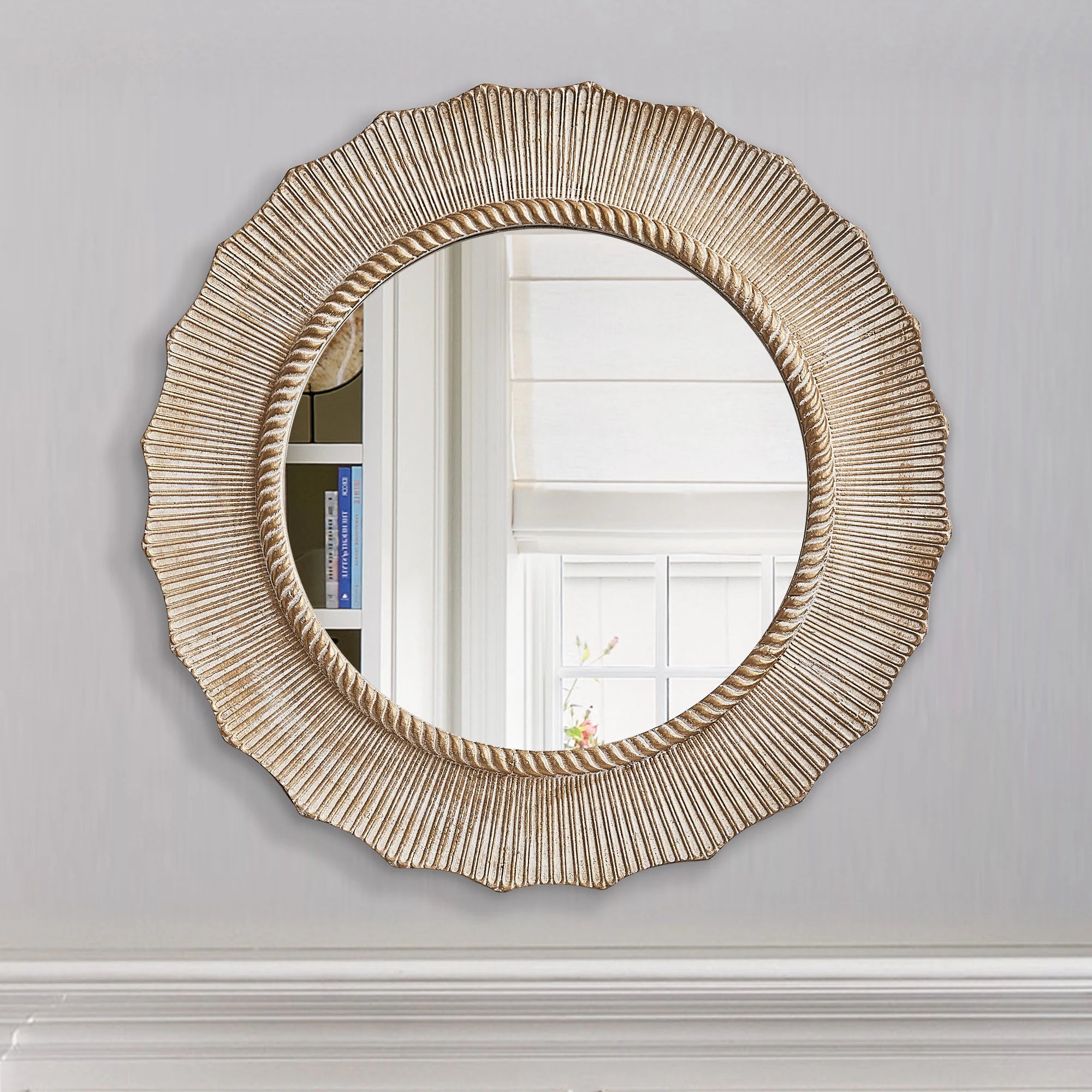 30" Bohemian Beige round Wooden Decorative Bathroom Vanity Wall Mirror