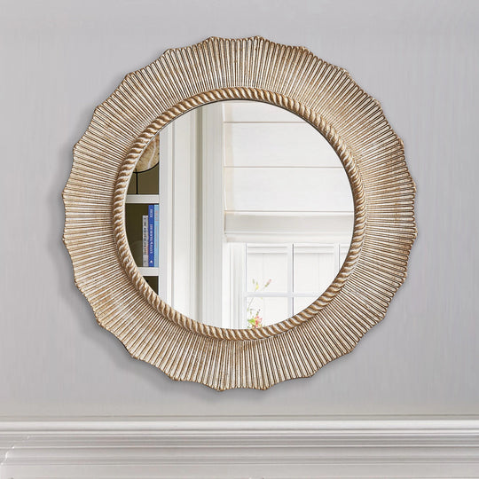 30" Bohemian Beige round Wooden Decorative Bathroom Vanity Wall Mirror