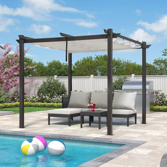 Gazebo Outdoor Retractable White Heavy-Duty Aluminum Pergola with Extra Top Roof