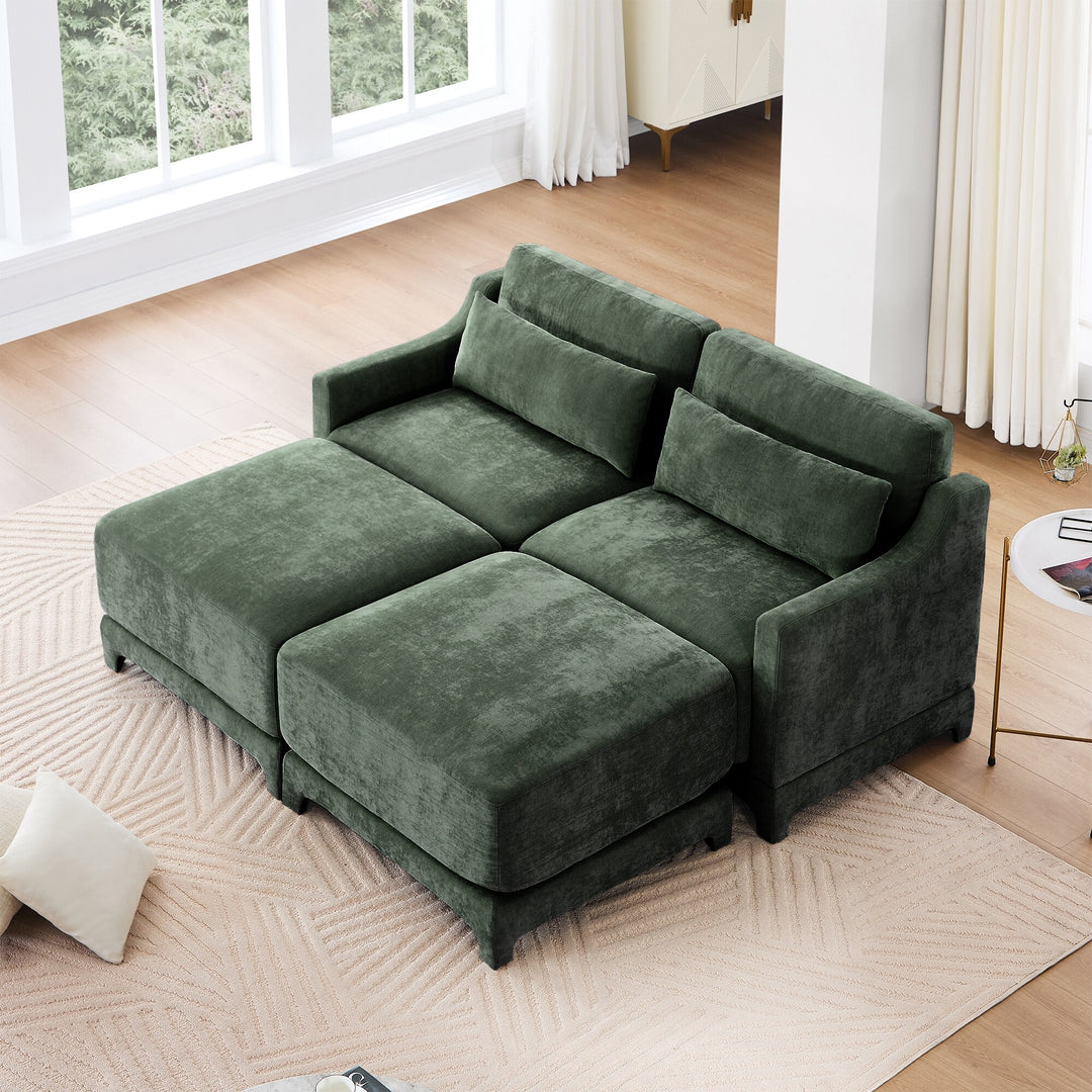 Modern Chenille 4-Seater Sofa with 2 Ottoman, Lumbar Cushions, Ergonomic Backrest, High-Resilience Spongeand Tufted Armrests
