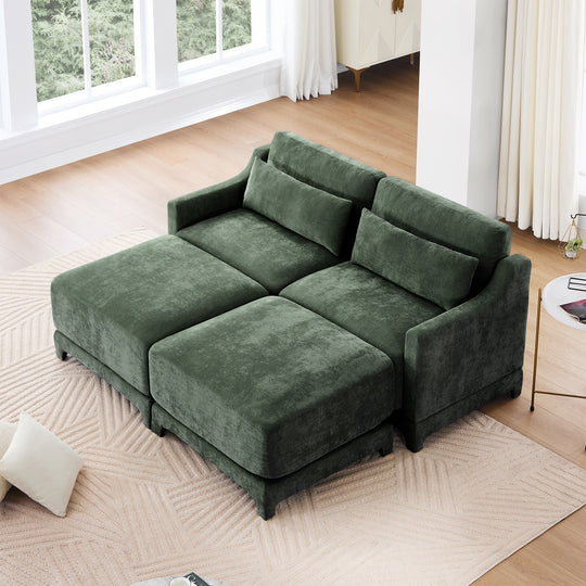 Modern Chenille 4-Seater Sofa with 2 Ottoman, Lumbar Cushions, Ergonomic Backrest, High-Resilience Spongeand Tufted Armrests