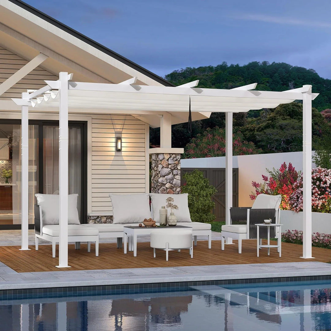 Gazebo Outdoor Retractable White Heavy-Duty Aluminum Pergola with Extra Top Roof