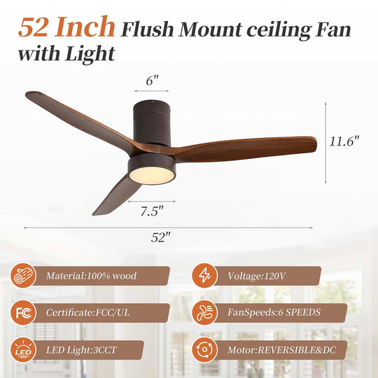 Sofucor 42"/48"/ 52"/60"Noiseless Walnut Wood Ceiling Fan with Remote Control, Integrated Light Optional