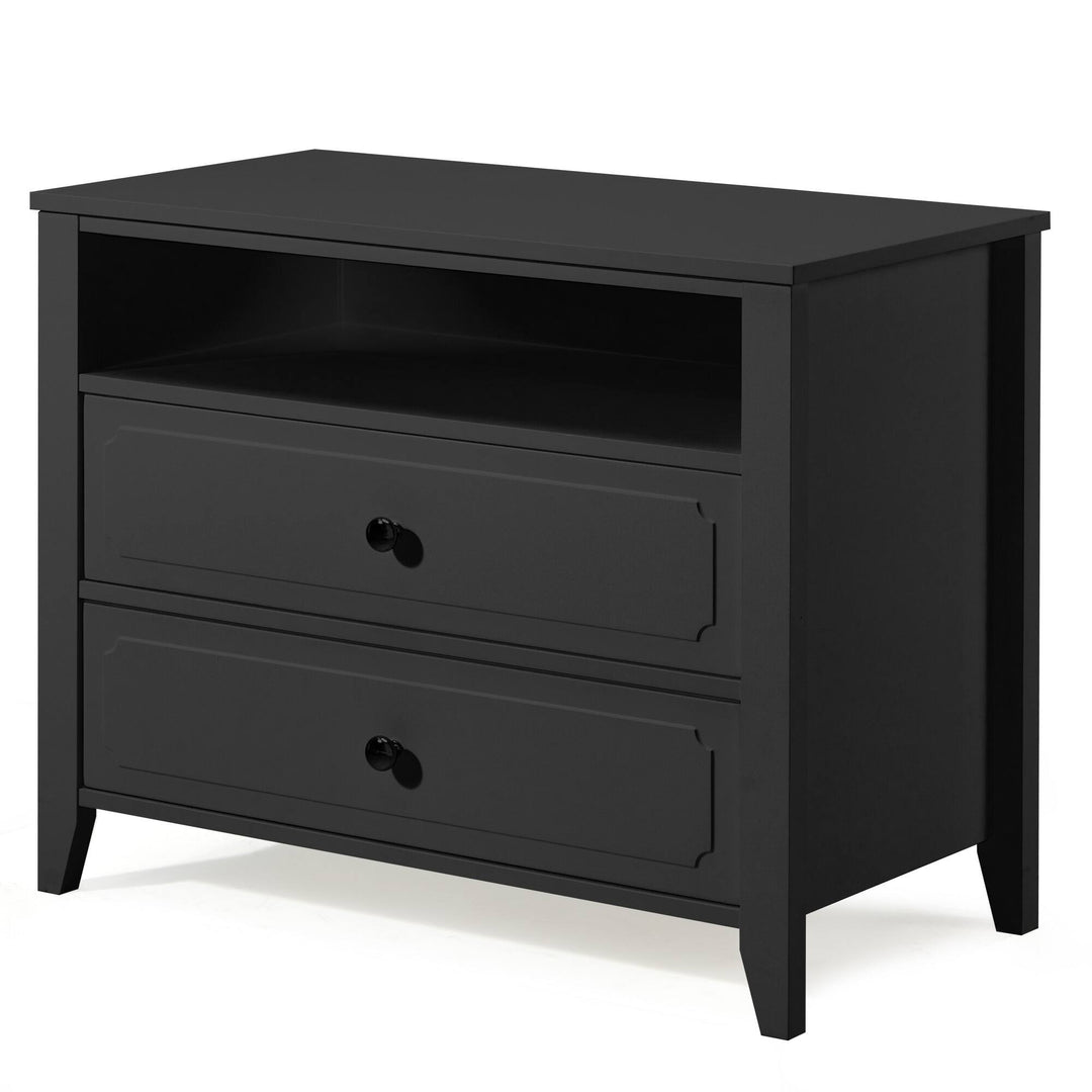 Wide Nightstand – 2‑Drawer Bedside Table with Open Shelf, MDF Wood End Table for Bedroom Living Room