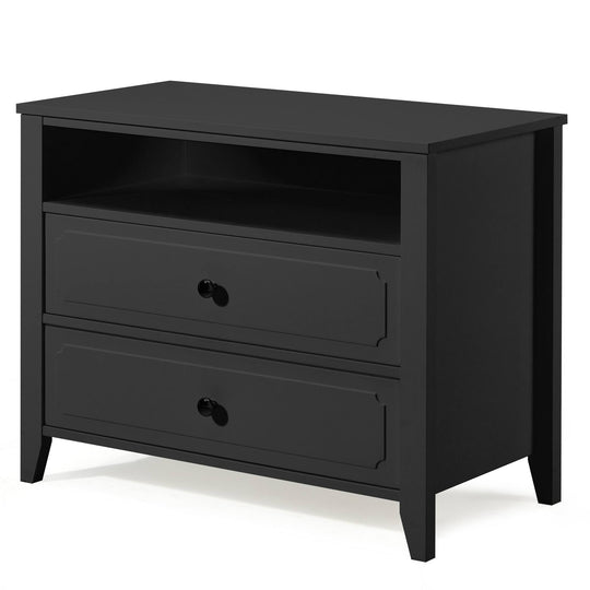 Wide Nightstand – 2‑Drawer Bedside Table with Open Shelf, MDF Wood End Table for Bedroom Living Room