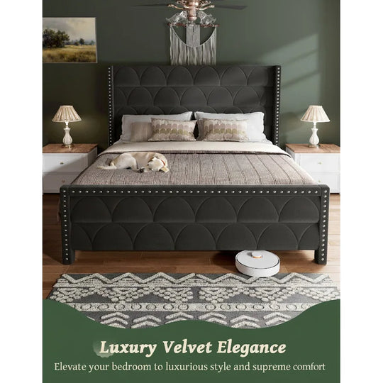 Hansabenne Solid Wood Bed Frame Queen and King Platform Bed Frame with Headboard White and Gray