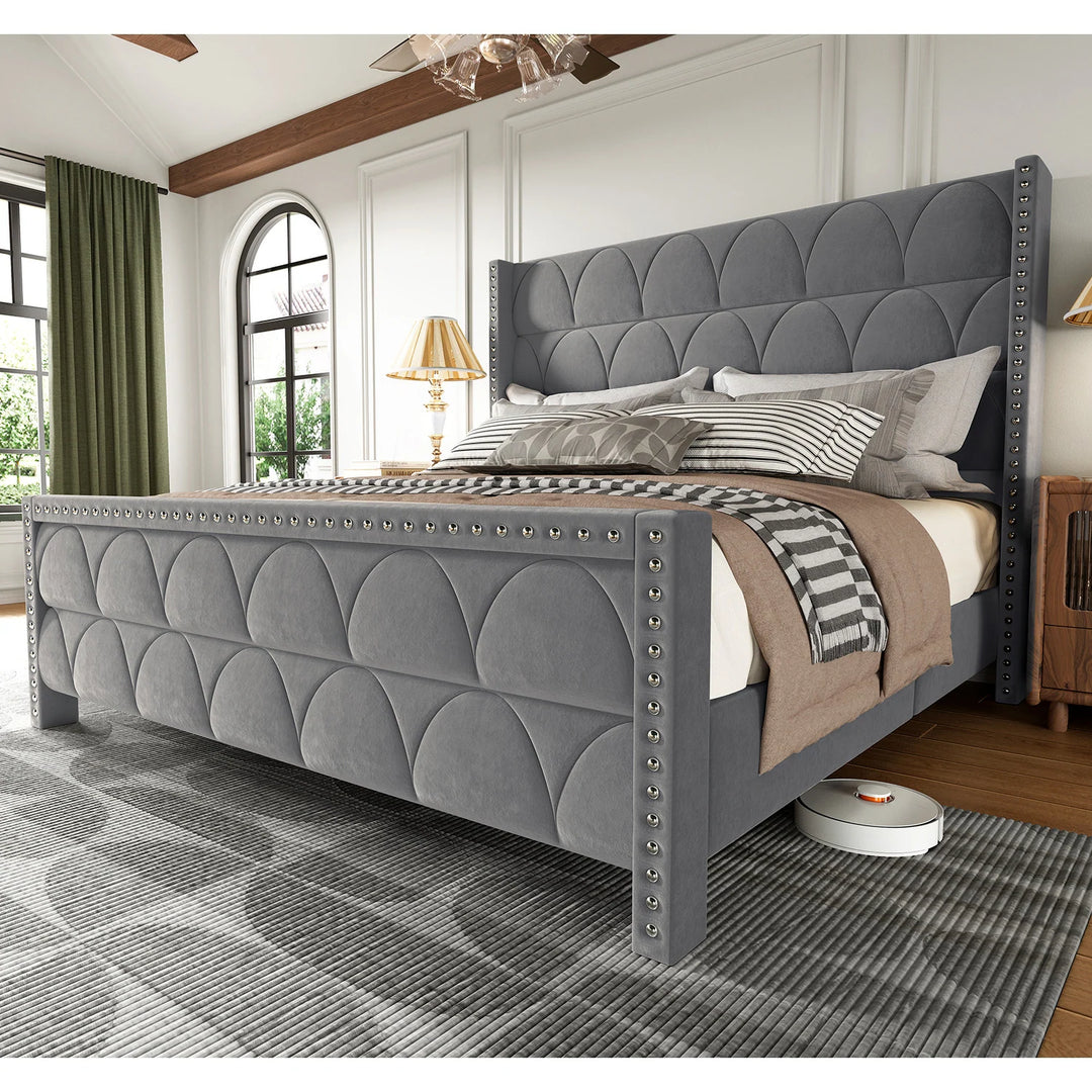 Hansabenne Solid Wood Bed Frame Queen and King Platform Bed Frame with Headboard White and Gray
